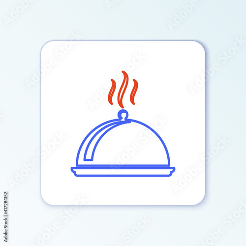 Line Covered with a tray of food icon isolated on white background. Tray and lid. Restaurant cloche with lid. Kitchenware symbol. Colorful outline concept. Vector.