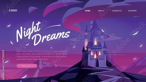 Night dreams banner. Fantasy event, party, festival or celebration. Vector landing page with cartoon landscape with fairy tale magic castle in mountains at night