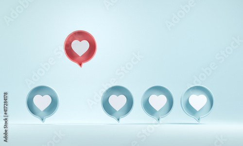 One red social media notification love heart icon pop up from others on blue background, Different creative idea concepts, 3D rendering photo