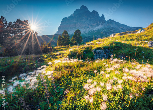 Fototapeta Naklejka Na Ścianę i Meble -  Beautiful summer scenery. Adorable morning view of western slope of Tre Cime di Lavaredo mpountain peaks. Bright summer scene of Dolomiti Alps, South Tyrol, Italy, Europe.