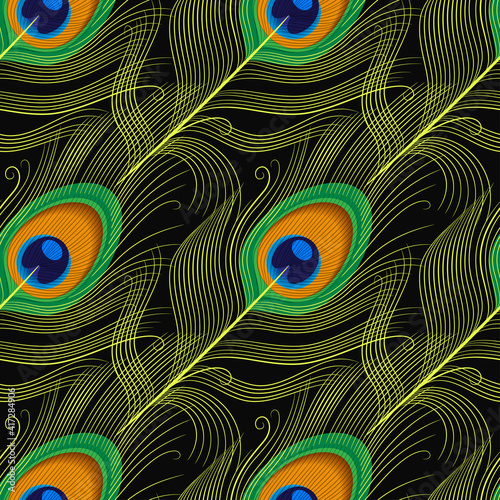 peacock feather yellow on a black background makes a seamless pattern