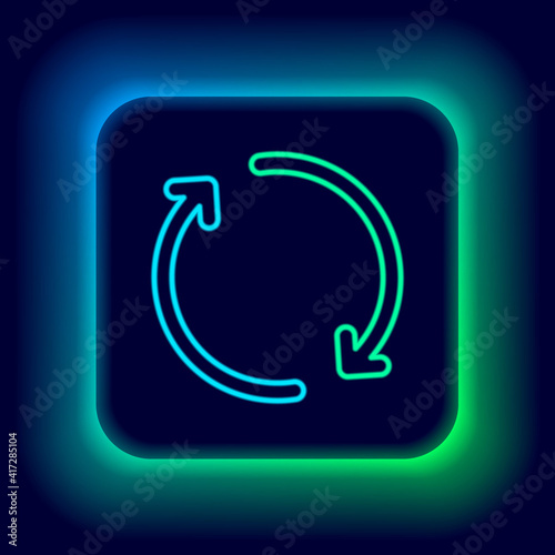 Glowing neon line Refresh icon isolated on black background. Reload symbol. Rotation arrows in a circle sign. Colorful outline concept. Vector.