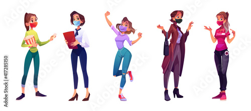 Group of women in face masks. Female characters different professions. Vector cartoon set of girls in office suit, seller uniform, professional worker, happy lady and woman with popcorn