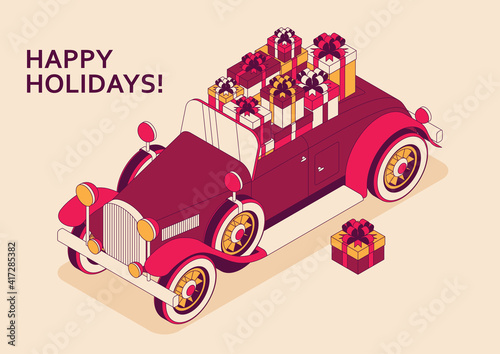 Retro car convertible with big bouquet of tulips. Vintage car from 30s in red color. Greeting card for women on a holiday