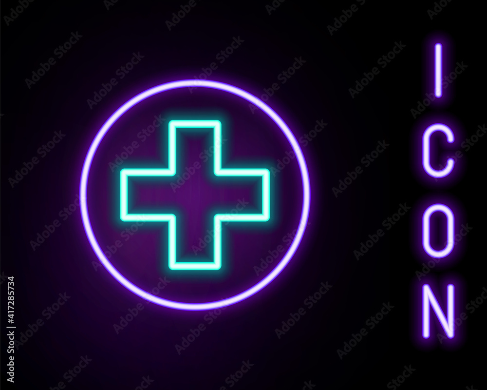 Glowing neon line Medical cross in circle icon isolated on black background. First aid medical symbol. Colorful outline concept. Vector. Glowing neon line Medical cross in circle icon isolated on black background. First aid medical symbol. Colorful outline concept. Vector.
