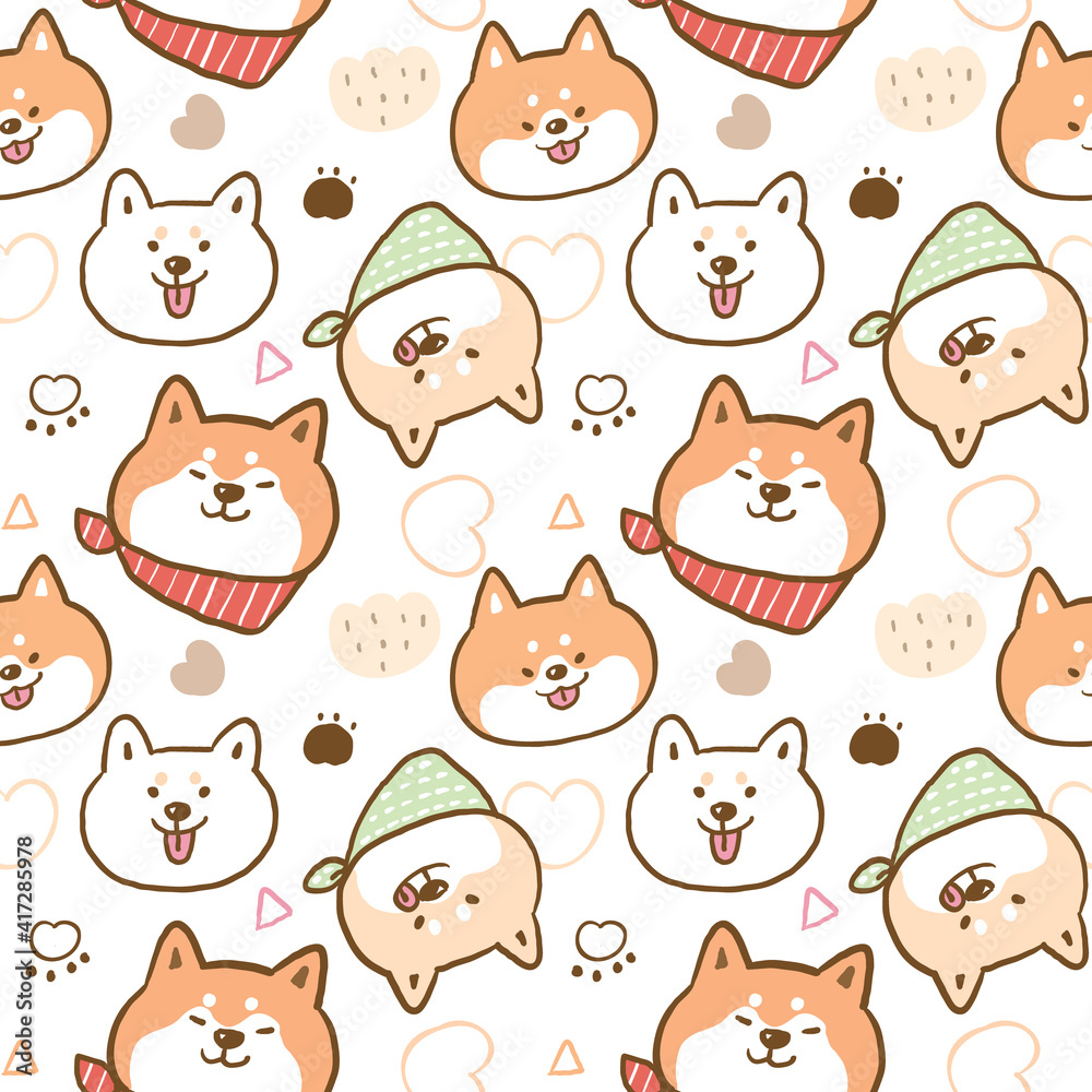 Seamless Pattern with Cute Cartoon Shiba Inu Dog Face Illustration Design on White Background