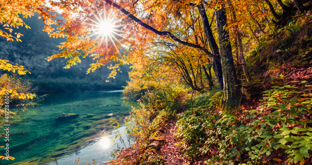 Beautiful autumn scenery. Sunny morning view of pure water river in Plitvice National Park. Amazing autumn scene of Croatia, Europe. Abandoned places of Plitvice lakes series.