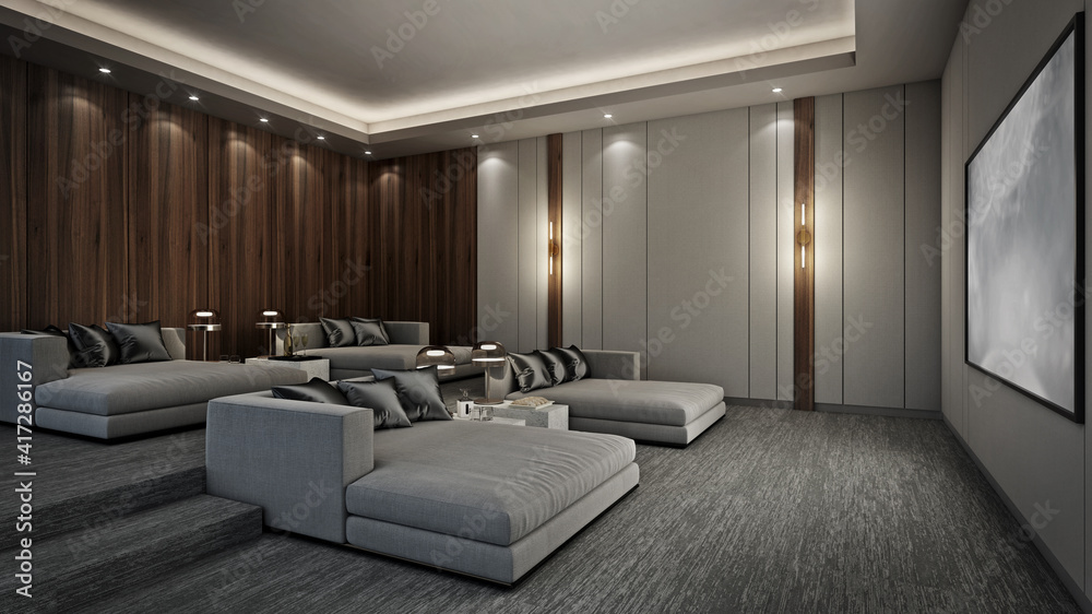 Sofa bed in modern home theater room, 3D render - obrazy, fototapety, plakaty 