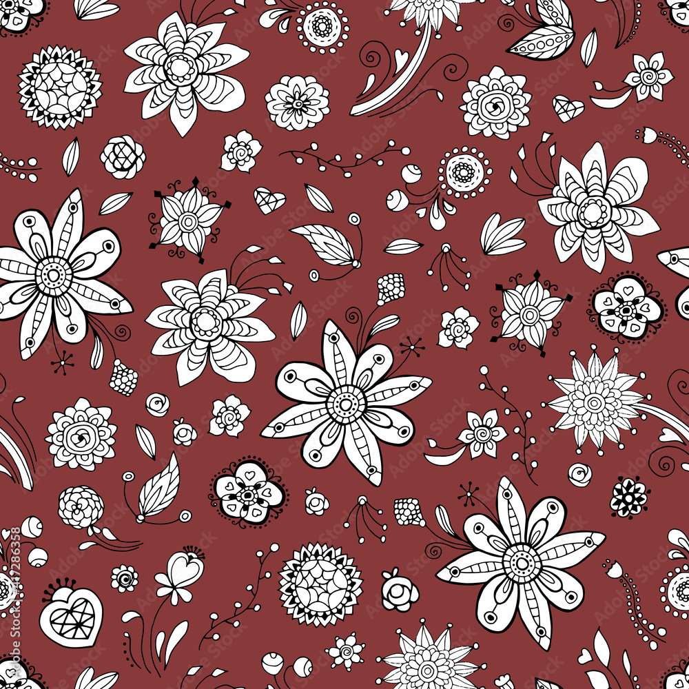 Hand-drawn floral pattern in ethnic style. White flowers on a dark background. Design for fabric, textile, packaging, wallpaper. Hand-drawn floral pattern in ethnic style. White flowers on a dark background. Design for fabric, textile, packaging, wallpaper.