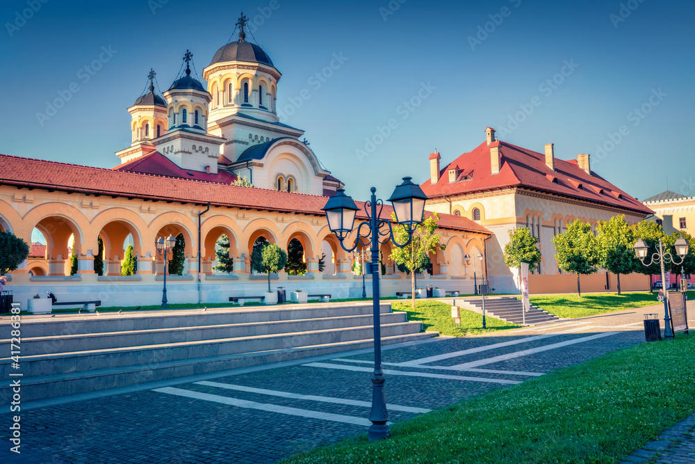 Wonderful evening view of Reunification Cathedral, Fortified churches inside Alba Carolina Fortress. Attractive summer scene of Transylvania, Alba Iulia city, Romania, Europe.