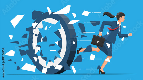 Businesswoman running and breaking target. Business woman in suit with briefcase. Goal setting. Smart goal. Business target concept. Achievement and success. Vector illustration in flat style