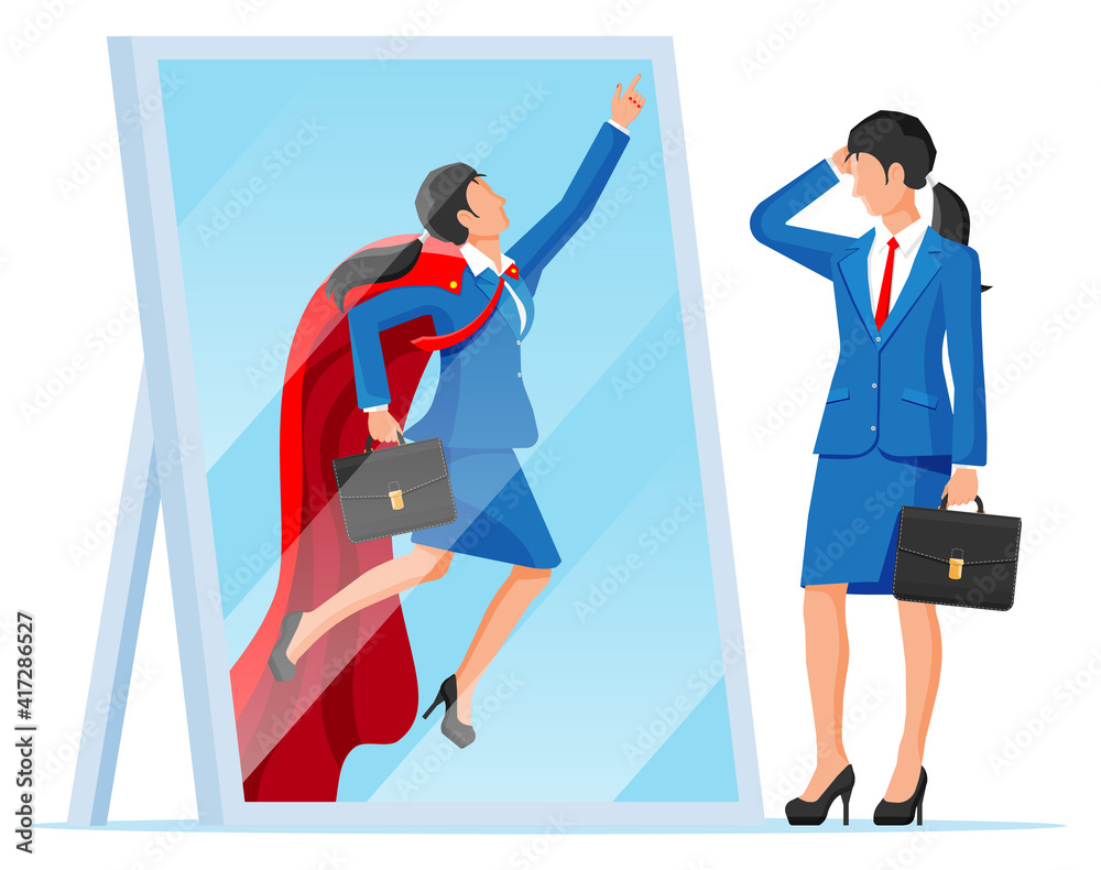 Obraz premium Businesswoman facing herself as superhero in mirror. Business ambition and success concept. Symbol of power, leadership, courage, bravery. Achievement and goal. Flat vector illustration