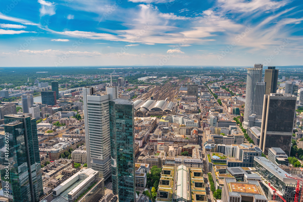 Frankfurt Germany, high angle view city skyline at business center and Frankfurt Main Station