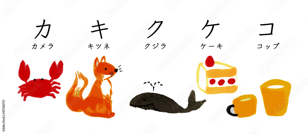 Vetor Do Stock カキクケコのイラスト カニ キツネ クジラ ケーキ コップ カラフル ポップ かわいい イラスト イラスト素材 セット カタカナ 文字 日本語 アイコン 白背景 絵本 グラフィック素材 Adobe Stock