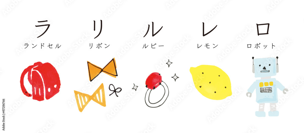 Vecteur Stock かわいい ほっこり イラスト素材 カタカナ 日本語 イラストセット セット ラリルレロ ランドセル リボン ルビー レモン ロボット ポップ カラフル 素材 グラフィック素材 パーツ 子ども キッズ 絵本 Adobe Stock