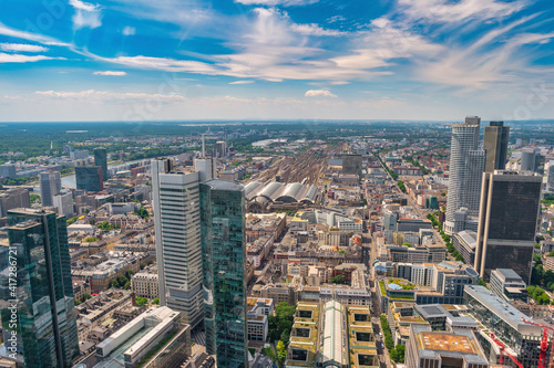 Frankfurt Germany  high angle view city skyline at business center and Frankfurt Main Station