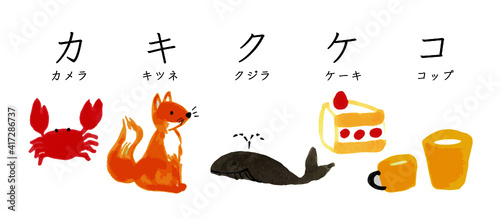 かわいい　ほっこり　イラスト　イラスト素材　カキクケコ（カニ・キツネ・クジラ・ケーキ・コップ）カラフル　ポップ　　セット　カタカナ　文字　日本語　アイコン　白背景　絵本　グラフィック素材