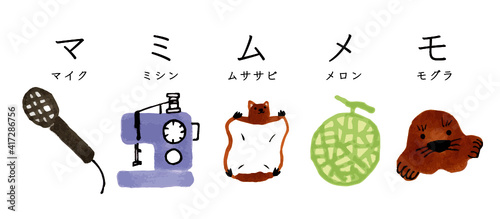 かわいい　ほっこり　イラスト素材　カタカナ　イラスト　イラスト素材　セット　カラフル　ポップ　かわいい　文字　日本語　アイコン　白背景　絵本　グラフィック素材　マミムメモ　マイク　ミシン　ムササビ　メロン　モグラ