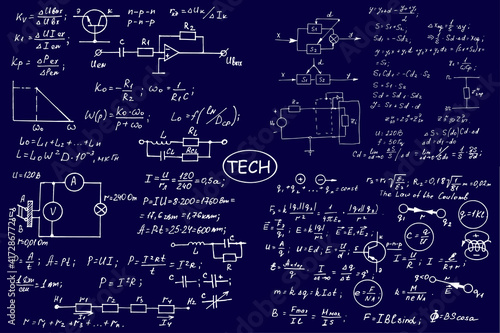 Physics, electronic engineering, mathematics equation, scheme and calculations, endless hand writing. Vector blueprint. Technology background.