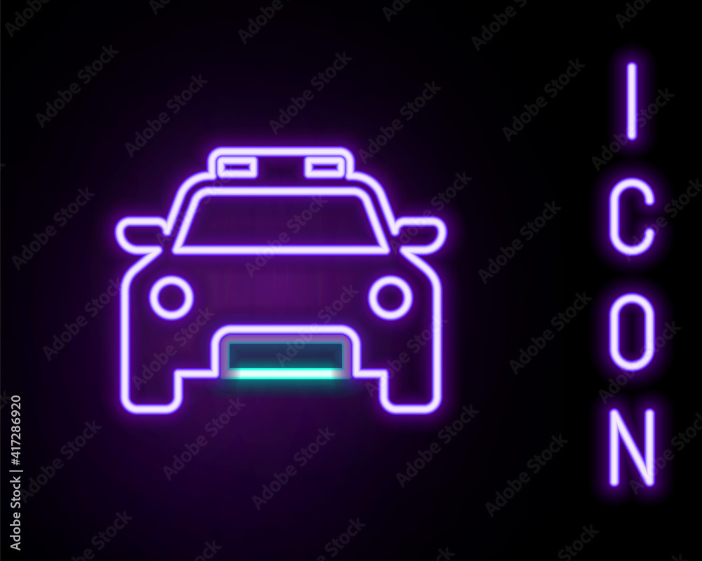 Glowing neon line Police car and police flasher icon isolated on black background. Emergency flashing siren. Colorful outline concept. Vector. Glowing neon line Police car and police flasher icon isolated on black background. Emergency flashing siren. Colorful outline concept. Vector.