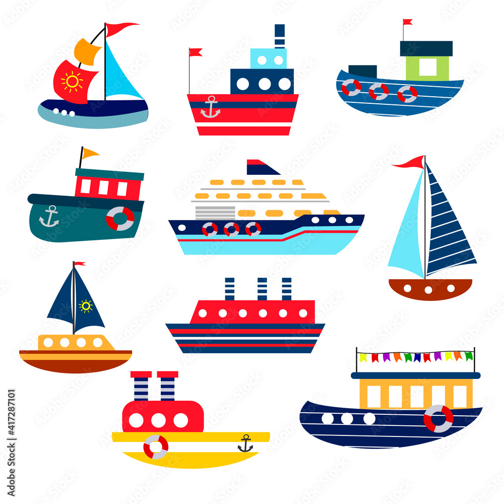 A set of different bright ships for children illustrations. Stylized ships at sea. Vector illustration isolated on white background. Collection for decor use, cards, flyers and brochures, invitations