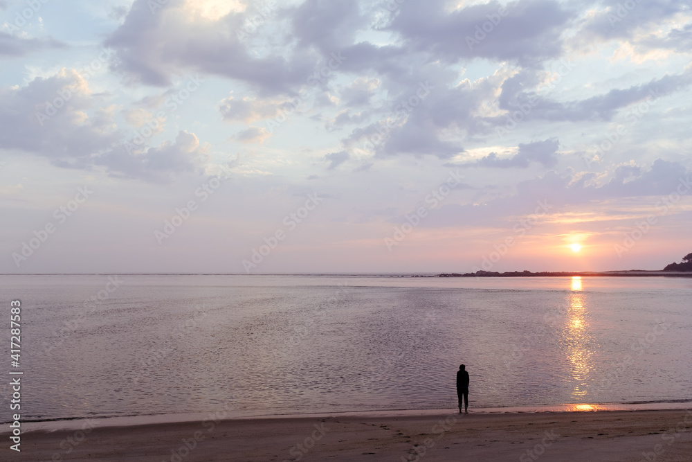 Fototapeta premium silhouette of person in sunset on beach