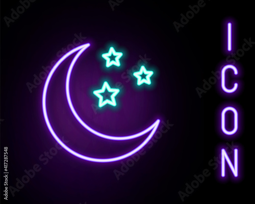 Glowing neon line Moon and stars icon isolated on black background. Colorful outline concept. Vector.