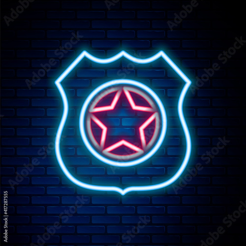 Glowing neon line Police badge icon isolated on brick wall background. Sheriff badge sign. Colorful outline concept. Vector.