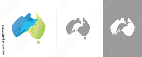blue and green map of Australia with kangaroo silhouette