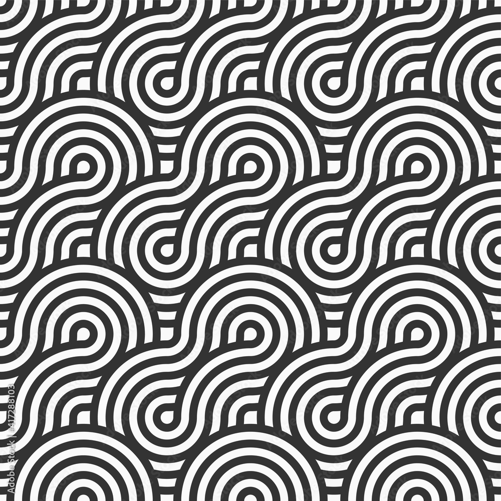 Abstract seamless. Seamless braided linear pattern, wavy lines. Endless striped texture with winding elements. Vector geometric monochrome background.