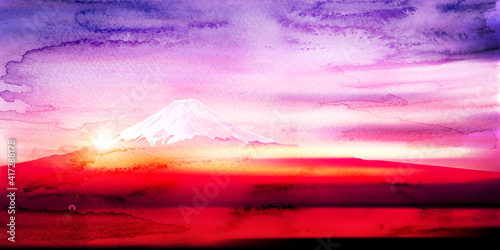 富士山　日の出　水彩　風景