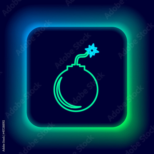 Glowing neon line Bomb ready to explode icon isolated on black background. Colorful outline concept. Vector.