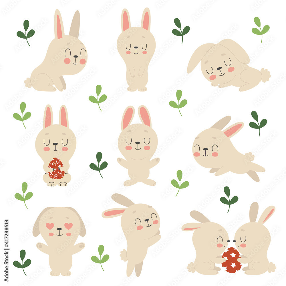Naklejka premium Set of cute Easter bunnies, flowers and decorated eggs on a white background. Traditional symbol of Easter. Funny animals in different poses.