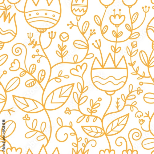 Seamless pattern with different plants and  flowers on  white background. Vector print with herbs. Botanical doodle wallpaper.