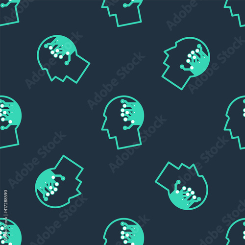 Line Bitcoin think icon isolated seamless pattern on black background. Cryptocurrency head. Blockchain technology, bitcoin, digital money market, cryptocoin wallet. Vector.