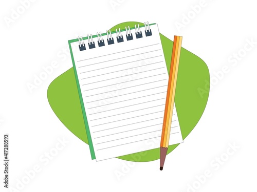 Opened notepad with pencil in top view. Sketchbook or diary. Vector illustration.