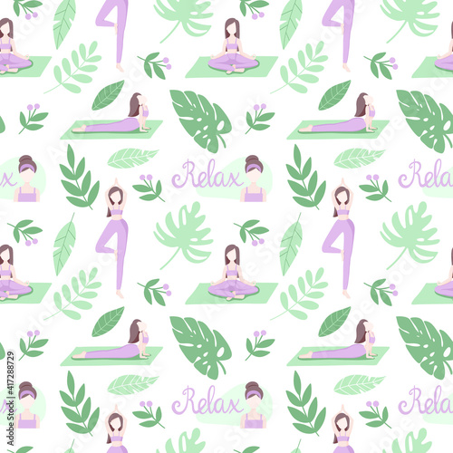 Seamless vector pattern on the theme of relaxation and yoga. Pastel background with a woman in asanas and leaves for fabrics, decoration, design, wallpaper, stationery, prints, wrapping paper, etc.