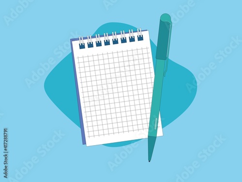Opened notepad with pen in top view. Sketchbook or diary. Vector illustration