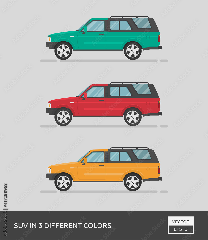 Obraz premium Urban vehicle. SUV in 3 different colors. Cartoon flat illustration, auto for graphic and web design.