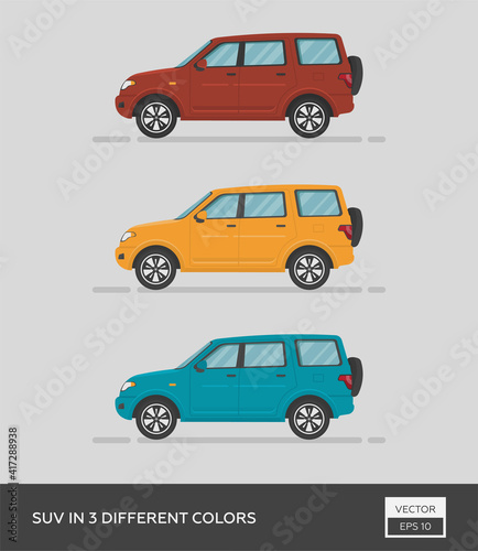 Urban vehicle. SUV in 3 different colors. Cartoon flat illustration  auto for graphic and web design.