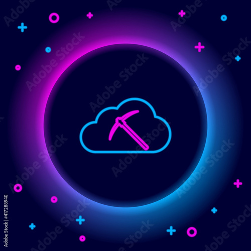 Glowing neon line Cryptocurrency cloud mining icon isolated on black background. Cloud with pickaxe, bitcoin, digital money market, cryptocoin wallet. Colorful outline concept. Vector.