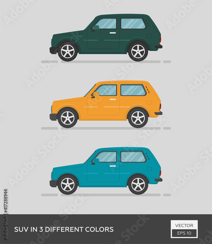 Urban vehicle. SUV in 3 different colors. Cartoon flat illustration, auto for graphic and web design.