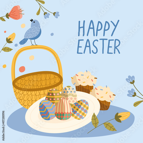 happy easter lettering card with eggs painted in dish and bird in basket