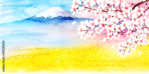 富士山　桜　水彩　背景