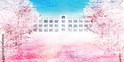 桜　水彩　学校　風景