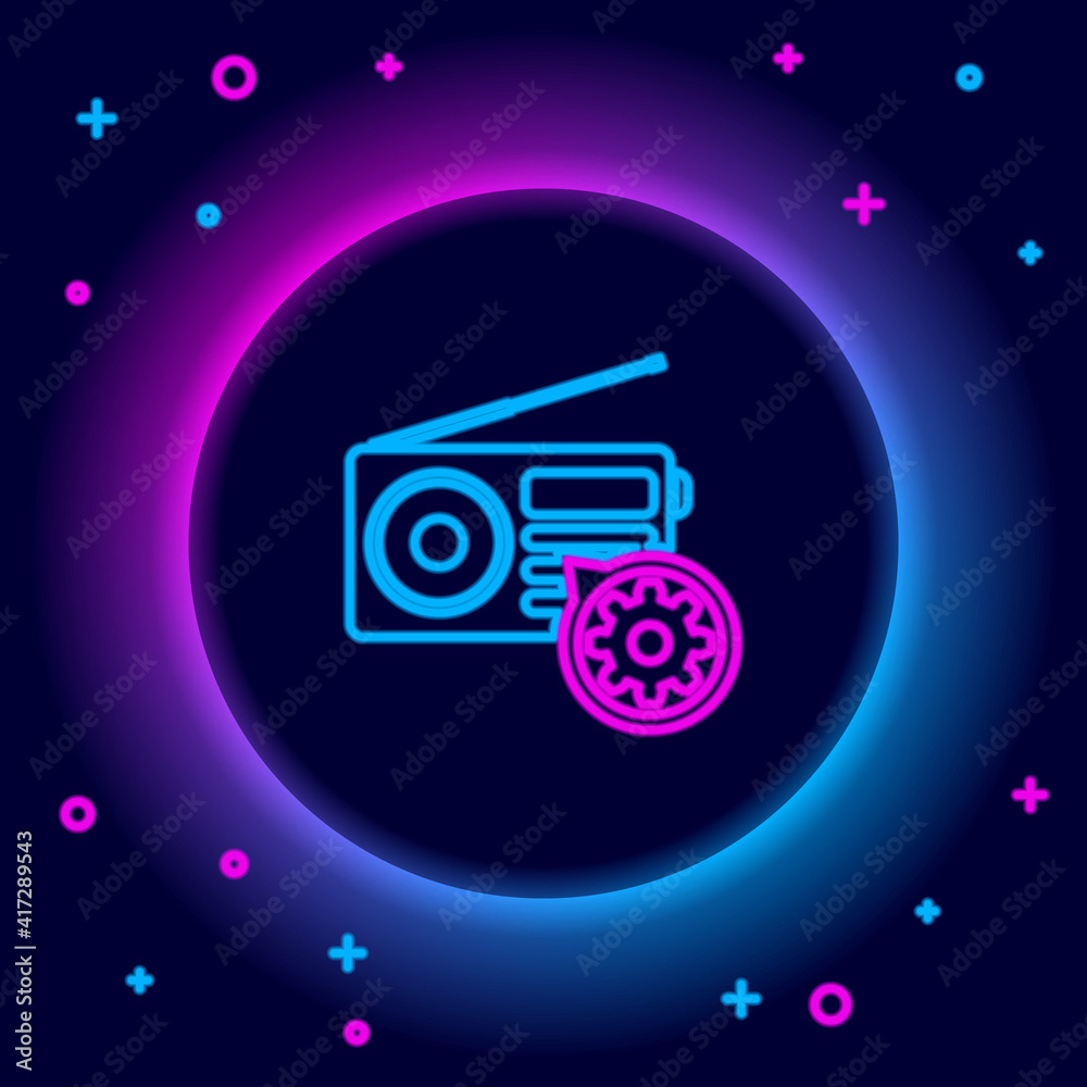Obraz premium Glowing neon line Radio with antenna and gear icon isolated on black background. Adjusting app, service concept, setting options, maintenance, repair, fixing. Colorful outline concept. Vector.