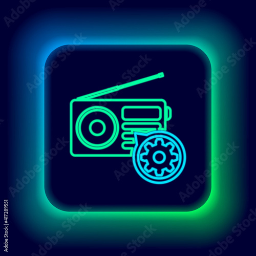 Glowing neon line Radio with antenna and gear icon isolated on black background. Adjusting app, service concept, setting options, maintenance, repair, fixing. Colorful outline concept. Vector.