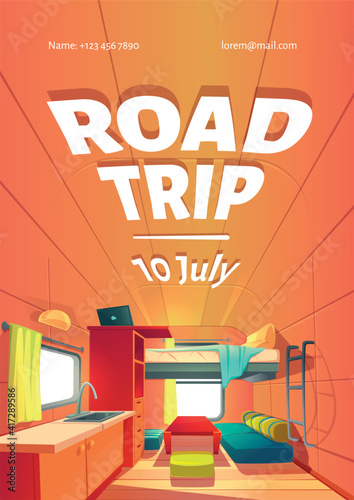 Road trip cartoon ad poster with camping trailer car interior, Rv motor home room with loft bed, couch, kitchen sink and window. advertising banner for motorhome traveling voyage, vector illustration