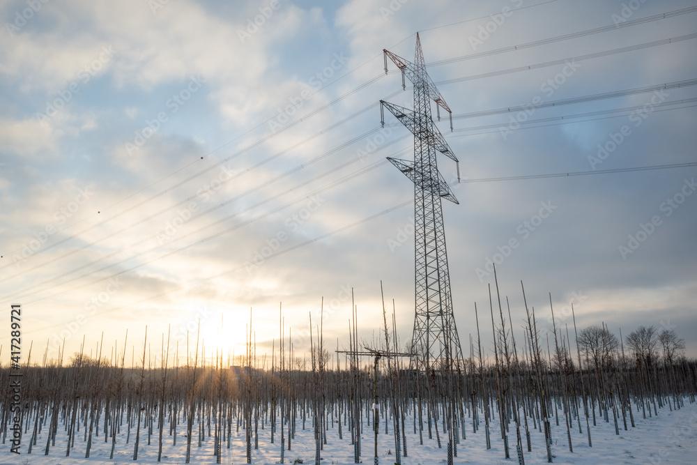 Outdoor sunny view of trees and agricultural field covered by snow under high voltage post and cable on countryside in Düsseldorf, Meerbusch, Germany in winter season.