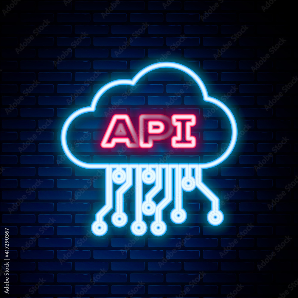 Glowing neon line Cloud api interface icon isolated on brick wall background. Application programming interface API technology. Software integration. Colorful outline concept. Vector.
